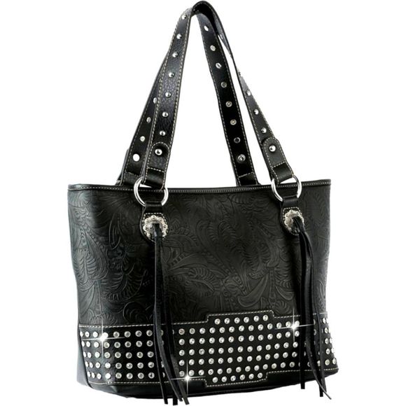 None Handbags - Black Tote Handbag Studs Rhinestone Bling Purse Western Design